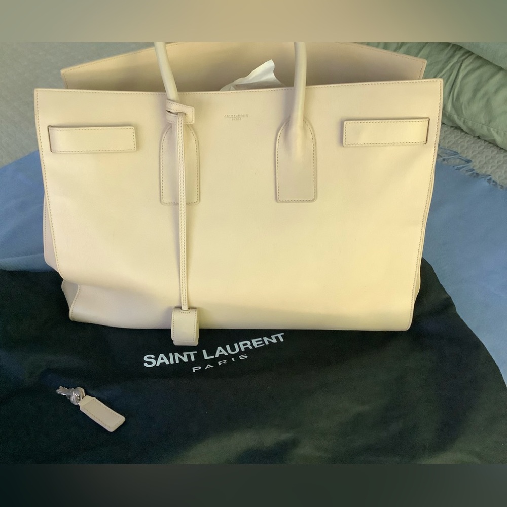 Authentic Saint Laurent Cream Leather Sac Du Jour Designer Bag